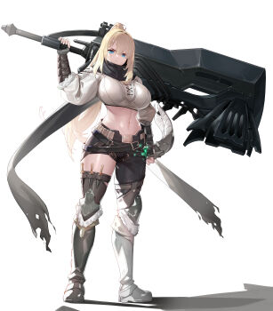 1girl absurdres arm_mounted_weapon arm_up asymmetrical_footwear asymmetrical_legwear asymmetrical_pants belt black_belt black_scarf black_shoes black_thighhighs blonde_hair blue_eyes breasts bug closed_eyes commentary commission crop_top full_body fur_trim gauntlets greatsword highres holding holding_sword holding_weapon huge_weapon knee_armor kunai l.wolf large_breasts long_hair looking_at_viewer midriff monster_hunter:_world monster_hunter_(character) monster_hunter_(series) monster_hunter_world:_iceborne navel over_shoulder pants scarf shoes sidelocks simple_background single_thighhigh slinger_(monster_hunter) solo standing strap sword thighhighs thighs three-quarter_sleeves torn_clothes very_long_hair weapon weapon_over_shoulder white_background white_shoes