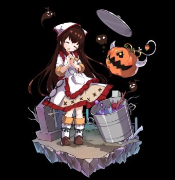 1girl ^_^ apron bare_tree black_background black_hair blush boots closed_eyes closed_mouth cooking cooking_pot cosette_(merc_storia) dress frilled_apron frills full_body grave graveyard head_tilt headscarf highres jack-o'-lantern long_hair long_sidelocks long_sleeves merc_storia merc_storia_art_team official_art open_mouth own_hands_clasped own_hands_together sidelocks simple_background smile solo standing tachi-e three-quarter_sleeves tree white_apron white_boots white_dress white_headscarf