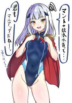 1girl absurdres akua_(akua326326326) blush breasts cloak commentary_request competition_swimsuit cowboy_shot gluteal_fold grey_hair hands_on_own_chest highres long_hair one-piece_swimsuit open_mouth original small_breasts solo swimsuit swirl very_long_hair white_background yellow_eyes