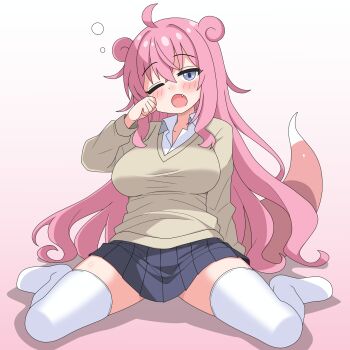 1girl ;o ahoge black_skirt blush borrowed_design breasts commentary fang full_body gen_1_pokemon gradient_background grey_eyes gyaru gyaru_slowpoke_(shin_no_tenpii) hair_between_eyes highres kogal large_breasts long_hair looking_at_viewer nintendo no_shoes one_eye_closed personification pink_background pink_hair pleated_skirt pokemon rubbing_eyes sakuzo shirt simple_background sitting skirt sleepy slowpoke slowpoke_tail solo squeans taut_clothes thighhighs very_long_hair wariza white_shirt white_thighhighs wing_collar zettai_ryouiki