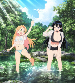 2girls :d ;d aqua_bikini arato_nagi arm_up bikini black_hair black_panties black_sports_bra blonde_hair blue_eyes boyshort_panties breasts cleavage earrings forest fujii_shingo full_body green_eyes hand_on_own_thigh jewelry large_breasts leaning_forward long_hair looking_at_another lowleg lowleg_bikini merchandise_available multiple_girls nature navel official_art one_eye_closed open_clothes open_mouth open_shirt outdoors panties ruri_no_houseki see-through_clothes see-through_shirt shirt side-tie_bikini_bottom small_breasts smile sports_bra standing standing_on_one_leg stomach stream swimsuit tanigawa_ruri tied_shirt underwear wading water wet wet_clothes wet_shirt