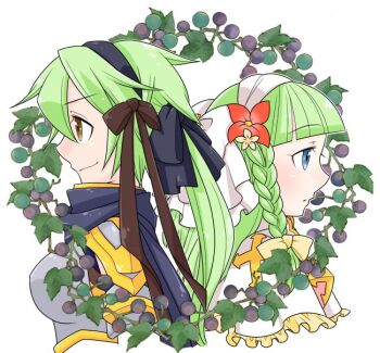 Rule 34 | 2girls, arch bishop (ragnarok online), armor, back-to-back, black hairband, black scarf, blue eyes, blueberry, blunt bangs, boobplate, bow, braid, breastplate, brown bow, brown eyes, closed mouth, commentary request, cross, dress, expressionless, flower, food, fruit, green hair, hair bow, hair flower, hair ornament, hairband, long hair, looking afar, multiple girls, oekakipikki, pauldrons, profile, ragnarok online, red flower, rune knight (ragnarok online), scarf, shoulder armor, side braid, single braid, smile, upper body, white background, white bow, white dress, wreath, yellow bow