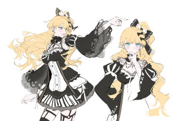 Rule 34 | 1girl, absurdres, black bow, black choker, black dress, blonde hair, blue eyes, bow, braid, breasts, chao jiu wan shiyi dian ban, chinese commentary, choker, commentary request, cross, cross earrings, detached sleeves, dress, earrings, frilled choker, frilled dress, frills, furrowed brow, hair bow, hand on own chin, highres, jewelry, long hair, long sleeves, looking at viewer, mahou shoujo no majo saiban, mole, mole under eye, multiple views, one side up, open mouth, pointing, saeki miria, simple background, standing, thinking, white background, wide sleeves