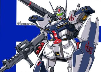 Rule 34 | assault visor, beam cannon, beam rifle, blue background, cowboy shot, energy gun, green visor, gun, gundam, gundam silhouette formula 91, hardygun, holding, holding gun, holding weapon, kin-san (sasuraiga), mecha, mecha focus, missile pod, mobile suit, no humans, robot, science fiction, shield, shoulder cannon, solo, standing, twitter username, two-tone background, weapon, white background