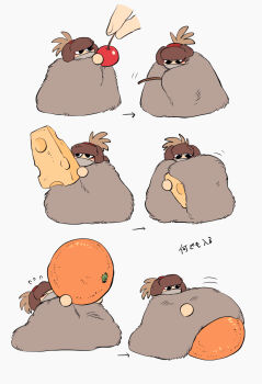 1boy arrow_(symbol) black_eyes brown_headwear cheese cherry chibi closed_eyes covered_mouth eyeliner food fruit fur_hat giving gloves grey_background hat hat_feather heavy hiding highres holding holding_food holding_fruit kenkon_no_washi li_sakura long_sleeves looking_away makeup male_focus mask mini_person miniboy motion_lines mouth_mask multiple_views orange_(fruit) outstretched_arms robe sash sequential sideways_glance simple_background swiss_cheese