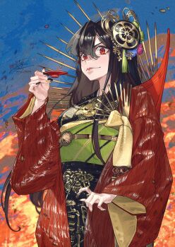 1girl artist_name black_hair black_kimono closed_mouth commentary_request fadingz fate/grand_order fate_(series) hair_between_eyes japanese_clothes kimono long_hair looking_at_viewer oda_nobunaga_(fate) oda_nobunaga_(koha-ace) red_eyes smile solo