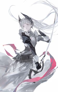 1girl absurdres apron arknights black_dress black_gloves chinese_commentary chunbuchou commentary dress earrings floating_hair gloves grey_eyes head_wings highres holding holding_sword holding_weapon irene_(arknights) irene_(voyage_of_feathers)_(arknights) jewelry juliet_sleeves long_hair long_sleeves maid_apron maid_headdress pink_pupils pink_ribbon puffy_sleeves ribbon scar scar_across_eye scar_on_face solo sword very_long_hair watermark weapon weibo_watermark white_apron white_background white_hair wings