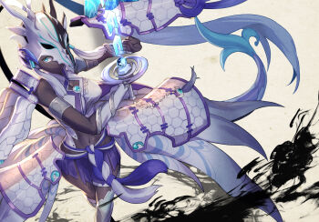 1girl absurdres armor black_bodysuit blue_eyes bodysuit breasts cleavage_cutout clothing_cutout duel_monster eyelashes hair_tubes helmet highres holding holding_weapon japanese_armor kikken large_breasts long_hair looking_at_viewer midriff navel purple_skirt shirt shoulder_armor showgirl_skirt sidelocks skirt sode solo swordsoul_of_mo_ye twisted_torso very_long_hair weapon white_shirt yu-gi-oh!