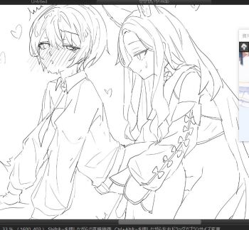 1futa 1girl animal_ears blue_archive detached_sleeves fox_ears futa_with_female futanari heart looking_at_another looking_to_the_side momomomochi_(momomomoti18) monochrome penis puffy_sleeves screencap seia_(blue_archive) sex sex_from_behind sketch sleeves_past_wrists sweat