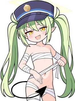 1girl bandaged_arm bandaged_chest bandaged_leg bandages blue_archive blue_hat breasts chest_sarashi collarbone convenient_censoring demon_girl demon_tail fang green_hair halo hat highres loli long_hair looking_at_viewer naked_bandage navel nozomi_(blue_archive) open_mouth pointy_ears sarashi shishiejo_(sisieho1) skin_fang small_breasts smile solo tail twintails very_long_hair yellow_eyes