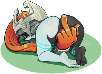 1girl all_fours ass barefoot black_skin blue_skin colored_sclera colored_skin commentary highres middle_finger midna mrpenning multicolored_skin nintendo one_eye_covered orange_hair orange_sclera prehensile_hair red_eyes soles solo the_legend_of_zelda the_legend_of_zelda:_twilight_princess top-down_bottom-up two-tone_skin