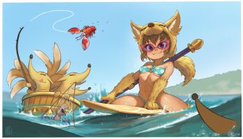 1girl :3 absurdres animal_hands bare_shoulders bikini blue_bikini blue_sky breasts brown_hair commentary crayfish day english_commentary fishing_net fishing_rod fox fox_hat glasses halterneck heightes highres looking_at_viewer moonlight_flower navel o-ring o-ring_top open_clothes outdoors pink-framed_eyewear purple_eyes ragnarok_online short_hair side-tie_bikini_bottom sky small_breasts smile solo squid staff stomach straddling surfboard swimsuit untied_bikini water yellow_fur