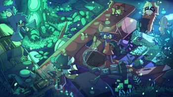 &gt;_&lt; 1girl 1other 2boys absurdres aircraft airplane alula_(oneshot) animal_ear_headwear animal_ears bioluminescence biplane bird_legs blue_hair calamus_(oneshot) car carrying cedric_(oneshot) clip_studio_paint_(medium) engine fake_animal_ears fedora fire_hydrant fireflies forehead_jewel glasses glowing goggles goggles_on_headwear grass hat highres megaphone motor_vehicle multiple_boys niko_(oneshot) oneshot_(game) open_mouth plant purple_hair red_hair robot rue_(oneshot) ruins saghaley scarf scenery sign sleeves_past_wrists standing tree unused_tire wetland wrench