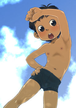 1boy blue_sky hada_toshiya hand_on_own_hip highres male_focus nipples open_mouth original short_hair shorts sky solo topless_male