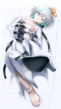 1girl absurdres artist_name barefoot belt blush boots breasts c.c. c.c._(cosplay) cecilia_immergreen code_geass colored_inner_hair commentary cosplay doll_joints english_commentary full_body green_eyes green_hair grey_hair half-closed_eyes hand_on_own_chest high_heel_boots high_heels highres hololive hololive_english jacket joints leg_up long_sleeves looking_at_viewer luke_s_(artist) lying multicolored_hair on_back open_clothes open_jacket parted_lips shoe_soles short_hair single_bare_foot single_boot single_off_shoulder solo streaked_hair two-tone_hair virtual_youtuber white_background white_jacket wide_sleeves winding_key