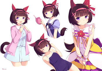 Rule 34 | 1girl, absurdres, animal ears, blue one-piece swimsuit, blush, bow, bowtie, breasts, brown hair, casual, closed mouth, commentary request, competition school swimsuit, dress, ear covers, hair ornament, hairband, headband, highres, holding, holding watering can, horse ears, horse girl, horse tail, jacket, kanzakietc, long sleeves, looking at viewer, multiple views, nishino flower (casual) (umamusume), nishino flower (tiered petal) (umamusume), nishino flower (umamusume), one-piece swimsuit, one eye closed, open mouth, pink hairband, pink jacket, puffy short sleeves, puffy sleeves, purple bow, purple bowtie, purple eyes, purple shirt, sailor collar, sailor shirt, school swimsuit, school uniform, seiun sky (umamusume), shirt, short hair, short sleeves, simple background, sleeveless, sleeveless dress, small breasts, smile, swimsuit, tail, tracen school uniform, tracen swimsuit, umamusume, watering can, white background, white sailor collar, wrist cuffs, x hair ornament, yellow dress