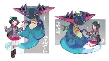 1girl ;d backpack bag bob_cut boots brown_bag brown_eyes brown_footwear brown_hair bush buttons cardigan clenched_hands closed_eyes collared_dress commentary_request dragapult dreepy dress gen_8_pokemon gloria_(pokemon) green_headwear grey_cardigan hand_grab hands_up hat highres hood hooded_cardigan kantarou_(8kan) nintendo one_eye_closed open_mouth pokemon pokemon_(creature) pokemon_swsh short_hair sitting smile socks sparkle standing tam_o&#039;_shanter translation_request