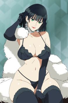 1girl black_bra black_gloves black_panties black_thighhighs bra breasts cleavage coat ear_piercing earrings elbow_gloves fubuki_(one-punch_man) fur_coat gloves green_eyes green_hair highres jewelry lace lace-trimmed_bra lace_trim lingerie lips one-punch_man panties piercing r3dfive solo thick_thighs thighhighs thighs underwear