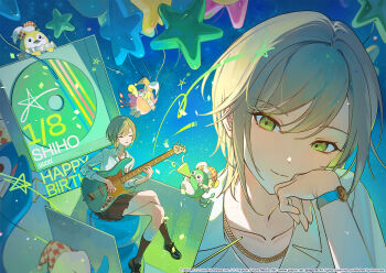 1girl ano_hi_mita_yozora_wa_itsuka_no_mirai_e_(project_sekai) artist_name balloon bass_guitar black_shoes box brown_skirt brown_socks cd character_name closed_eyes closed_mouth collarbone collared_shirt commentary_request confetti copyright_notice crossed_legs dated dress_shirt fender_jazz_bass full_body gift gift_box gold_necklace green_eyes green_hair guest_art hair_between_eyes hand_on_own_cheek hand_on_own_face happy_birthday hat head_on_hand head_rest highres hinomori_shiho holding holding_bass_guitar holding_instrument instrument jester_cap jewelry kneehighs korean_commentary looking_at_self looking_at_viewer multiple_views music neck_ruff necklace official_alternate_costume official_art parted_lips party_popper phenny_(project_sekai) playing_instrument pleated_skirt project_sekai second-party_source shirt shoes short_hair sidelocks signature singing sitting skirt sleeves_rolled_up smile socks star_(sky) star_(symbol) star_balloon starry_sky_background stuffed_animal stuffed_penguin stuffed_toy szztzzs u_u upper_body watch white_shirt wristwatch