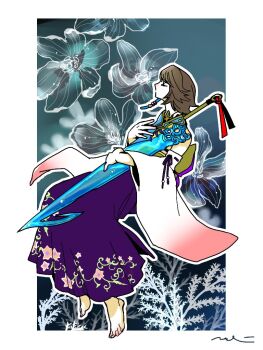 Rule 34 | 1girl, bare shoulders, barefoot, beads, border, brotherhood (ff10), brown hair, closed eyes, commentary, detached sleeves, english commentary, final fantasy, final fantasy x, floating, floral background, full body, gradient sleeves, hair beads, hair ornament, holding, holding sword, holding weapon, long skirt, medium hair, mochi (hanamaruudondesu), nontraditional miko, purple skirt, signature, skirt, solo, sword, weapon, white border, wide sleeves, yuna (ff10)