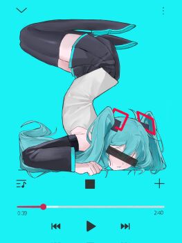 1girl aqua_hair bar_censor black_boots black_skirt blue_background boots censored censored_identity commentary detached_sleeves full_body grey_shirt hatsune_miku hatsune_miku_(vocaloid4) highres long_hair media_player_interface miniskirt pink_eyes play_button pleated_skirt progress_bar revision sfsaltfish shirt skirt sleeveless sleeveless_shirt solo thigh_boots tokumei_m_(vocaloid) twintails upside-down user_interface v4x vocaloid
