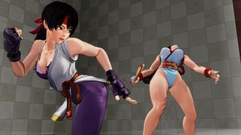 2girls ass bra breasts cleavage gloves highres leotard lips mooning multiple_girls open_mouth shiranui_mai spanking_self the_king_of_fighters the_king_of_fighters_xv thong underwear white_leotard yuri_sakazaki