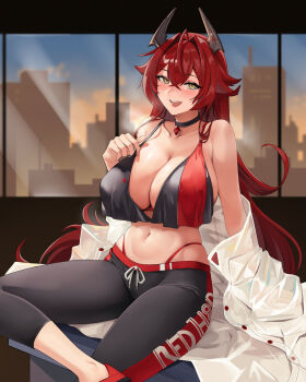 1girl ahoge black_bra black_choker black_pants bra breasts choker cleavage commentary english_commentary goddess_of_victory:_nikke hair_intakes highres horns indoors large_breasts long_hair mechanical_horns midriff navel noir_(4chan) open_mouth pants red_hair red_hood_(nikke) revision sitting solo underwear very_long_hair window yellow_eyes yoga_pants