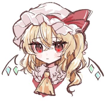 1girl aorin_oekaki ascot blonde_hair blush closed_mouth commentary_request crystal crystal_wings flandre_scarlet hat highres long_hair looking_at_viewer mob_cap multicolored_wings one_side_up paint_chat_(medium) portrait red_eyes red_vest shirt simple_background solo touhou vest white_background white_hat white_shirt wings yellow_ascot