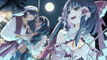 1boy 2girls ascot black_hair bow brown_eyes building clothing_request detached_sleeves frilled_bow frilled_hair_tubes frills full_moon game_cg gohei hair_bow hair_tubes hakurei_reimu hat heart hetero highres holding holding_gohei holding_hands jewelry long_hair long_sleeves marisa_of_liartop_mountain midriff moon multiple_girls navel night night_sky non-web_source official_art open_mouth outdoors red_bow ribbon-trimmed_sleeves ribbon_trim ring second-party_source see-through_clothes see-through_sleeves sky smile sweat syuri22 tan touhou tree white_hat yellow_ascot yellow_eyes