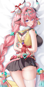 1girl absurdres ahoge animal_ears aqua_hair arms_behind_back ass back bare_shoulders bell bell_earrings belt black_skirt black_sports_bra braid breasts commentary cow_ears cow_girl cow_horns cow_tail cropped_vest dokimaru earrings genshin_impact hairband highres horns jewelry large_breasts long_hair looking_at_viewer looking_back low_twin_braids miniskirt multicolored_hair open_mouth pink_hair purple_eyes single_thighhigh skirt solo sports_bra streaked_hair tail thighhighs thighs twin_braids varesa_(genshin_impact) vest vision_(genshin_impact) white_thighhighs yellow_vest