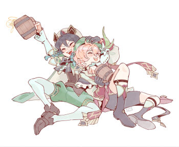 2boys :d alcohol androgynous bard beer beer_mug beret black_capelet black_gloves braid capelet closed_eyes collared_cape cup dahlia_(genshin_impact) evercelle flower frilled_capelet frills genshin_impact gloves gradient_hair green_hat green_shorts hair_between_eyes hat hat_flower long_sleeves mug multicolored_hair multiple_boys open_mouth pink_hair short_hair shorts side_braids smile teeth toasting_(gesture) twin_braids upper_teeth_only venti_(genshin_impact) white_flower white_hat