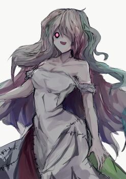1girl bad_id bad_twitter_id bare_shoulders breasts dress fairy_(grimms_notes) green_streaks grimms_notes highres long_hair multicolored_hair open_mouth patchwork_clothes pink_eyes shaded_face simple_background sketch smile solo totemo_neru upper_body white_background white_dress white_hair