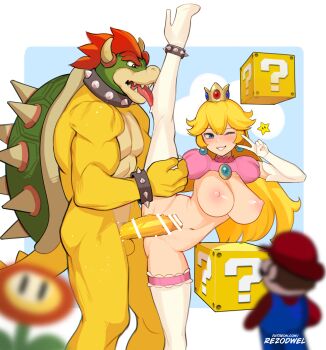 1girl 2boys ?_block artist_name bar_censor blonde_hair blurry blurry_foreground blush bowser bracelet breasts censored crown earrings elbow_gloves erection feet_out_of_frame fire_flower foot_out_of_frame gloves grin has_uncensored_version hat hetero highres jewelry large_areolae large_breasts large_penis legs long_hair mario mario_(series) multiple_boys navel netorare nintendo nipples one_eye_closed open_mouth patreon_username penis princess_peach red_hair red_headwear rezodwel sharp_teeth smile sphere_earrings spiked_anklet spiked_bracelet spikes split standing standing_on_one_leg standing_split super_mario_bros._1 super_star_(mario) teeth thighhighs turtle_shell v white_gloves white_thighhighs