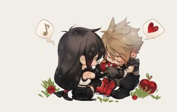 Rule 34 | 1boy, 1girl, 4k1030, absurdres, apple, armor, bare shoulders, black gloves, black hair, black pants, black skirt, black thighhighs, blonde hair, boots, closed eyes, cloud strife, commentary, crop top, eating, elbow gloves, feeding, final fantasy, final fantasy vii, final fantasy vii rebirth, final fantasy vii remake, food, from side, fruit, full body, gloves, grass, heart, highres, holding, holding food, holding fruit, long hair, looking at another, low-tied long hair, musical note, pants, profile, red boots, short hair, shoulder armor, simple background, sitting, skirt, sleeveless, sleeveless turtleneck, spiked hair, spoken heart, spoken musical note, star (symbol), sweater, symbol-only commentary, tank top, thighhighs, tifa lockhart, turtleneck, turtleneck sweater, white tank top