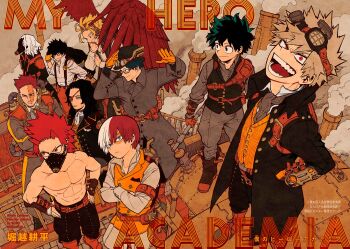 6+boys aizawa_shota alternate_universe ankle_boots aqua_eyes arms_up artist_name ascot baggy_pants bakugou_katsuki beard_stubble belt belt_buckle belt_pouch black_eyes black_hair black_headwear black_jacket black_outline black_pants black_vest blonde_hair blue_eyes blue_hair boku_no_hero_academia boku_no_hero_academia_6th_popularity_poll boots brown_belt buckle burn_scar buttons chimney closed_mouth clothing_request coat collared_shirt copyright_name covered_face covered_mouth crossed_arms double-breasted endeavor_(boku_no_hero_academia) eyebrows_hidden_by_hair eyepatch facial_hair feathered_wings fedora fingernails flat_color foreground_text freckles from_above frown furrowed_brow glasses gloves goggles goggles_on_headwear green_hair grey_ascot grey_coat grey_pants grey_shirt hair_between_eyes hand_in_pocket hand_on_own_arm hand_on_own_face hand_on_own_hip hands_on_own_hips hat hawks_(boku_no_hero_academia) head_back head_tilt heterochromia high_collar highres holding holding_jacket holding_unworn_clothes horikoshi_kouhei iida_tenya industrial_pipe jacket jewelry kirishima_eijirou lapels leather_belt looking_ahead looking_at_viewer looking_to_the_side looking_up machine male_focus mask mature_male medium_hair midoriya_izuku mouth_mask multicolored_hair multiple_boys multiple_rings mustache_stubble no_nipples notched_lapels object_request official_alternate_costume official_alternate_hairstyle official_art open_clothes open_collar open_jacket open_mouth orange_gloves orange_pants orange_vest outdoors outline outstretched_hand overcoat pants pendant pinstripe_pants pinstripe_pattern pinstripe_vest pouch profile railing red_eyes red_footwear red_hair red_wings ring sanpaku scan scar scar_across_eye scar_on_face semi-rimless_eyewear sett shigaraki_tomura shindo_yo shirt short_eyebrows short_hair sideburns sideways_glance sideways_mouth sleeves_rolled_up smile smoke smokestack spiked_hair split-color_hair standing steampunk straight_hair striped stubble suspenders text_focus third-party_source three-quarter_sleeves todoroki_shoto toned toned_male topless_male turning_head two-tone_hair uneven_eyes unworn_jacket utility_belt v-shaped_eyebrows vambraces vest white_ascot white_hair white_shirt wings yellow_gloves