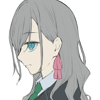 1girl absurdres black_jacket blazer ceras_yanagida_lilienfeld closed_mouth collared_shirt commentary_request frown green_necktie grey_hair hair_ribbon highres jacket link!_like!_love_live! long_hair love_live! mendo_(mend0o0) mizukawa_school_uniform necktie open_clothes open_jacket pink_ribbon portrait profile ribbon school_uniform shirt sidelocks simple_background solo virtual_youtuber wet wet_hair white_background white_shirt