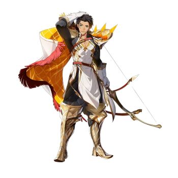 Rule 34 | 1boy, armor, armored boots, black pants, black tunic, boots, bow (weapon), brown hair, cape, claude von riegan, claude von riegan (almyra's king) (resplendent), claude von riegan (timeskip), closed mouth, commentary, dark-skinned male, dark skin, dd (vktr4837), english commentary, epaulettes, fire emblem, fire emblem: three houses, fire emblem heroes, full body, gloves, green eyes, holding, holding bow (weapon), holding weapon, looking at viewer, male focus, nintendo, official alternate costume, official art, pants, short hair, shoulder armor, simple background, single epaulette, smile, solo, third-party source, tunic, weapon, white background, white cape, white gloves, white tunic, yellow cape