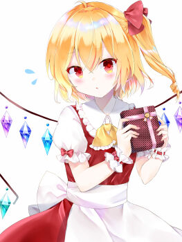 1girl apron ascot blonde_hair blush bow collared_shirt commentary_request crystal crystal_wings flandre_scarlet flying_sweatdrops frilled_shirt_collar frills gift hat highres holding holding_gift looking_at_viewer minatsuki_yurara multicolored_wings one_side_up red_bow red_eyes red_skirt red_vest shirt simple_background skirt skirt_set sleeve_bow solo touhou valentine vest waist_apron white_apron white_background white_hat wings wrist_cuffs yellow_ascot