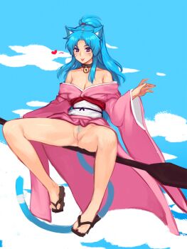 1girl :p animal_ears bad_id bad_pixiv_id bare_legs bell blue_hair blue_pubic_hair blue_sky botan_(yu_yu_hakusho) bottomless breasts cat_ears cat_tail cleavage cleft_of_venus cloud colored_pubic_hair day facial_mark feet female_focus female_pubic_hair full_body heart highres japanese_clothes jingle_bell kimono legs long_hair long_sleeves looking_at_viewer no_panties oar ponytail pubic_hair purple_eyes pussy sitting sky slippers slit_pupils solo spread_legs sunna_(nilsunna) tail tongue tongue_out uncensored whisker_markings wide_sleeves yuu_yuu_hakusho