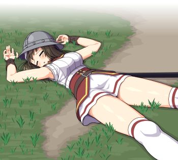 1girl arming_cap armpits belt blush breasts brown_hair closed_eyes defeat fainted grass helmet highres kettle_helm kneehighs long_hair lying maruput medium_breasts on_back on_grass on_ground original parted_lips scabbard sheath socks soldier solo tears thighs unconscious vambraces