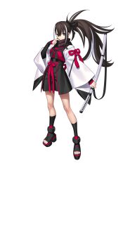 1girl black_ribbon black_scarf black_shoes black_shorts black_socks brown_eyes brown_hair fate/grand_order fate_(series) full_body hair_ribbon haori highres holding holding_sword holding_weapon japanese_clothes katana kawakami_gensai_(fate) kawakami_gensai_(first_ascension)_(fate) large_variant_set long_hair looking_at_viewer multicolored_hair official_art ponytail red_ribbon ribbon scarf shirt shoes shorts socks solo standing streaked_hair sword tachi-e takeuchi_takashi third-party_source transparent_background two-tone_hair variant_set weapon white_hair white_haori