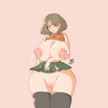 1girl ashley_graham bakidan blush breasts cleft_of_venus clothes_lift curvy fupa highres huge_breasts jewelry lactation large_areolae large_nipples looking_at_viewer milk miniskirt nail_polish necklace nipples projectile_lactation puffy_nipples pussy pussy_juice resident_evil resident_evil_4 resident_evil_4_(remake) shirt_lift skirt solo sweat sweater sweater_vest thick_thighs thighhighs thighs wide_hips