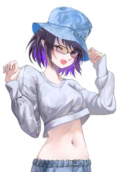 1girl absurdres black-framed_eyewear black_hair blue_hat bucket_hat colored_inner_hair commentary commission crop_top crop_top_overhang denim dio_dio english_commentary glasses hands_up hat highres long_sleeves looking_at_viewer midriff multicolored_hair navel noa_(mikeyymc) one_eye_closed open_mouth original pointy_ears purple_eyes purple_hair second-party_source shirt short_hair simple_background smile solo stomach two-tone_hair upper_body white_background white_shirt