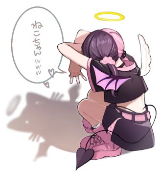 Rule 34 | 1girl, amaki pururu, asymmetrical wings, black hair, black skirt, boots, cat shadow puppet (meme), commentary request, cropped shirt, demon tail, from behind, full body, halo, koe 01 03, meme, multicolored hair, pink boots, pink hair, reject (esports), shadow puppet, skirt, solo, speech bubble, split-color hair, squatting, tail, translation request, two-tone hair, virtual youtuber, white background, wings