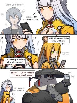 Rule 34 | 2boys, 2girls, animal ears, blonde hair, blush, breasts, cellphone, closed eyes, dorahdew, green eyes, grey hair, hat, highres, jacket, ju fufu, large breasts, long hair, multiple boys, multiple girls, open clothes, open jacket, pan yinhu, panda, phone, shirt, smartphone, tiger ears, white hair, wise (zenless zone zero), yellow eyes, yellow shirt, yixuan (zenless zone zero), zenless zone zero