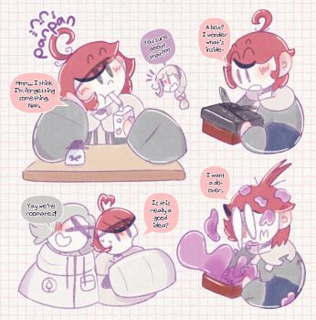 1girl 2boys 4koma ahoge aotsuki_eito black_hair blush comic english_text highres kirifuji_nozomi multicolored_hair multiple_boys red_hair simple_background speech_bubble the_hundred_line_-last_defense_academy- white_background white_hair