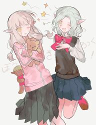 Rule 34 | 1boy, 1girl, androgynous, bow, crossdressing, doll, dungeon meshi, elf, grey eyes, grey hair, hair tubes, highres, holding, holding stuffed toy, hugging object, jersey, long hair, long sleeves, low-tied sidelocks, milsiril (dungeon meshi), mithrun, one eye closed, pleated skirt, pointy ears, school uniform, shirt, sidelocks, simple background, skirt, smile, stuffed animal, stuffed toy, sweater vest, white hair, white shirt, wo yao chifan, yellow eyes