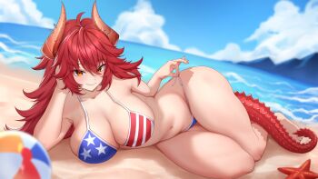 1girl absurdres aurellynaaa beach bikini blue_bikini breasts cleavage closed_mouth dragon_girl dragon_horns dragon_tail highres horns large_breasts long_hair looking_at_viewer lying on_side red_bikini red_hair sand smile socks_agency solo starfish swimsuit tail virtual_youtuber water yellow_eyes zentreya zentreya_(dragon) zentreya_(dragon)_(cowboy_bikini)