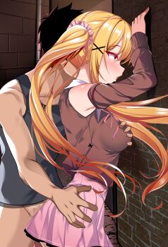 1boy 1girl absurdres against_wall black_hair blonde_hair blush bottomless breasts brown_shoes brown_sleeves censored commentary_request detached_sleeves from_side grabbing_another's_breast grey_tank_top groping hair_ornament hair_scrunchie hetero highres long_hair long_sleeves medium_breasts molestation mosaic_censoring origami_aya original pink_scrunchie pink_skirt scrunchie shirt shoes short_hair sidelocks skirt sleeveless sleeveless_shirt tank_top twintails x_hair_ornament