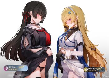 2girls arm_cutout black_choker black_hair black_jacket black_panties black_skirt blonde_hair blue_sash blush breasts chisa_(wuthering_waves) choker closed_mouth clothes_lift clothing_cutout commentary cowboy_shot crop_top english_commentary from_side hair_ornament hair_ribbon hairband highres jacket large_breasts long_hair long_sleeves looking_at_viewer medium_breasts multiple_girls neckerchief panties panties_under_pantyhose pantyhose purple_eyes red_eyes red_neckerchief red_ribbon ribbon sailor_collar sash shirt sideways_glance skirt skirt_lift suraimuvmv tacet_mark_(wuthering_waves) underwear very_long_hair white_hairband white_panties white_pantyhose white_sailor_collar white_shirt white_skirt wuthering_waves x_hair_ornament